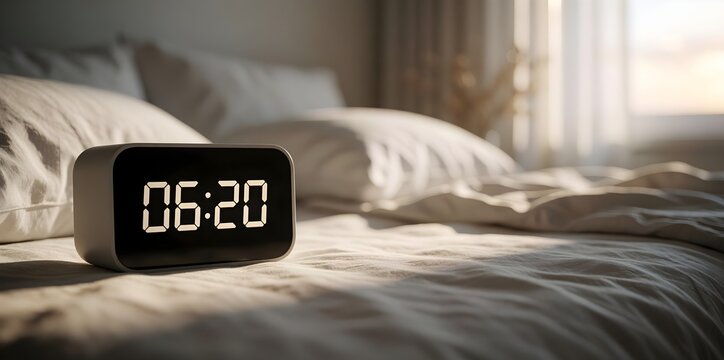 Digital alarm clock showing 6:20 in a sunlit bedroom