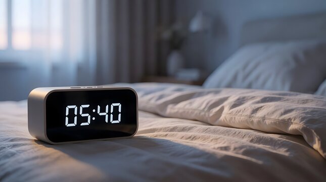 Digital alarm clock showing 5:40 on bed in quiet morning bedroom
