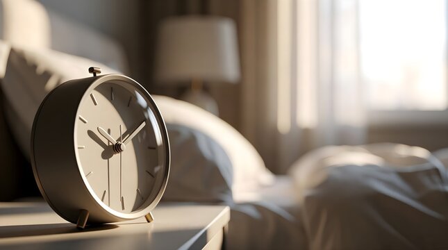 Classic analog alarm clock on bedside table with peaceful morning light