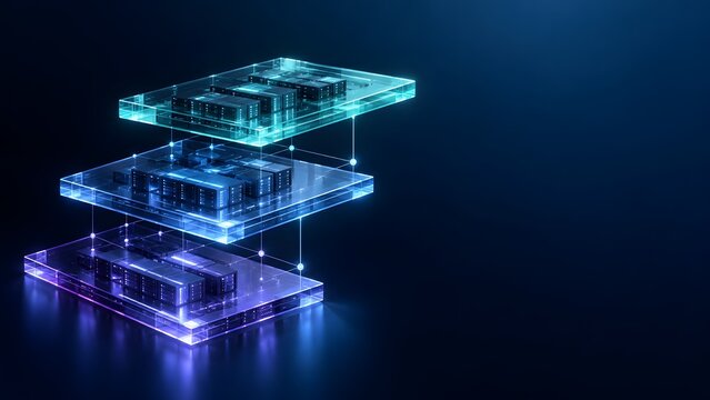 Isometric three tier cloud computing architecture with stacked glass platforms and miniature server racks connected by glowing nodes