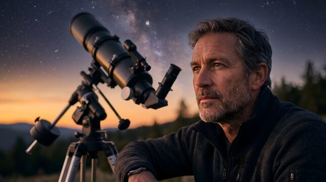 Mature man looking at stars through a telescope during twilight outdoors