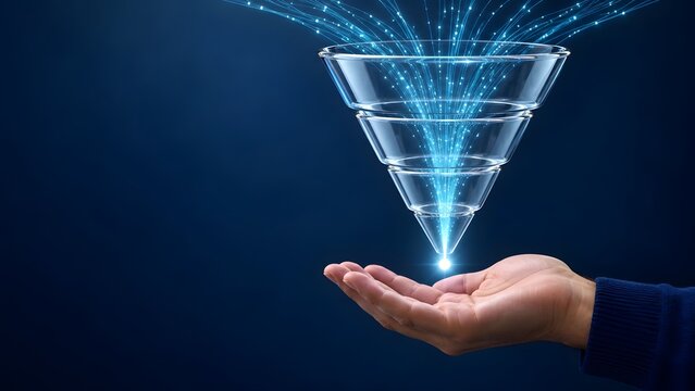 Hand receiving a concentrated glowing insight orb from a transparent glass conversion funnel with flowing blue data streams