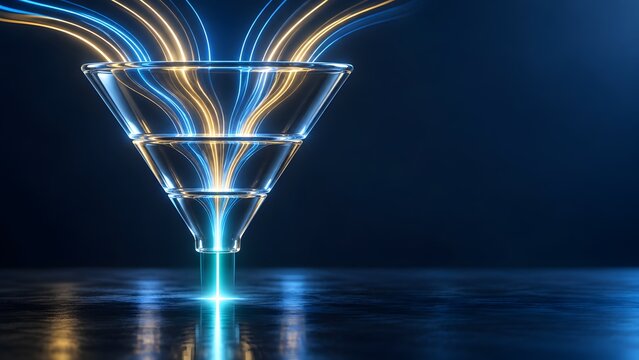 Transparent glass funnel filtering glowing blue and gold data streams into a focused beam for lead conversion and analytics