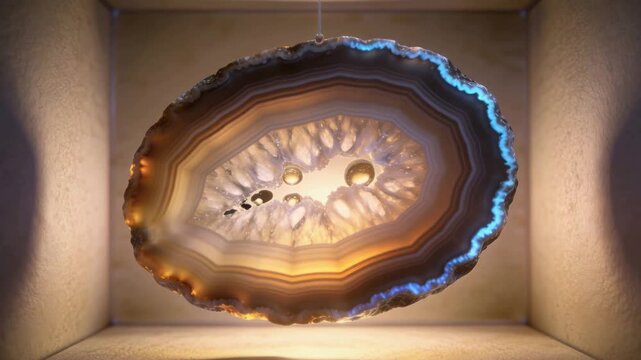 Lighting powering on, rotating agate slice tilting in shadowbox, filament revealing amber core