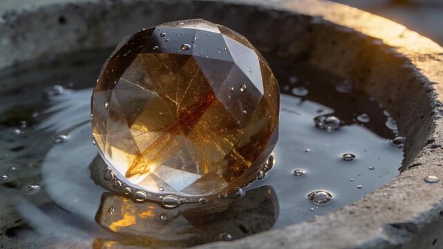 Settling faceted amber crystal sphere touching water, producing ripples, bubble ring in stone basin