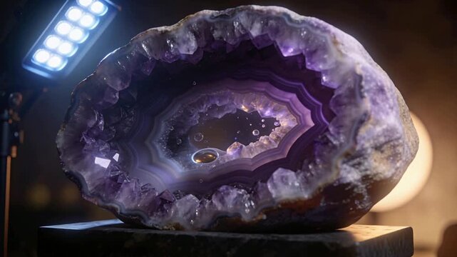 Lighting amethyst geode from LED panel, showing gleam, revealing facets on slab, droplets rippling