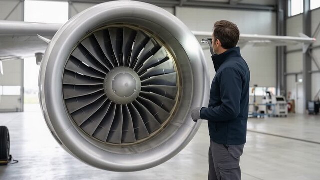 Aircraft Maintenance Technician Inspecting Large Jet Engine with Flashlight Inside Aviation Hangar