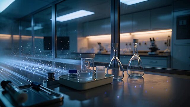 Streaming luminous particle stream moving across lab bench, triggered by left vapor
