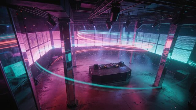 Cueing lights sending rings circling raised DJ platform at warehouse with mixer, creating mood