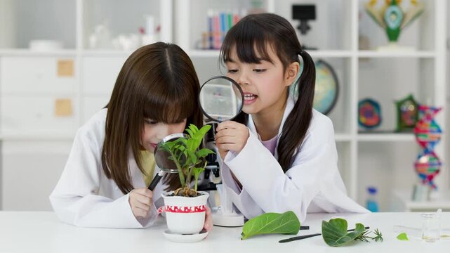 Asian Elementary Students Examining Potted Plant with Magnifying Glasses
