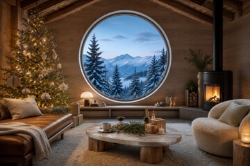 Obraz premium Cozy rustic cabin living room with Christmas tree and mountain view