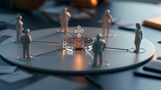 Minimalist corporate figurines connected by glowing data nodes on a circular table