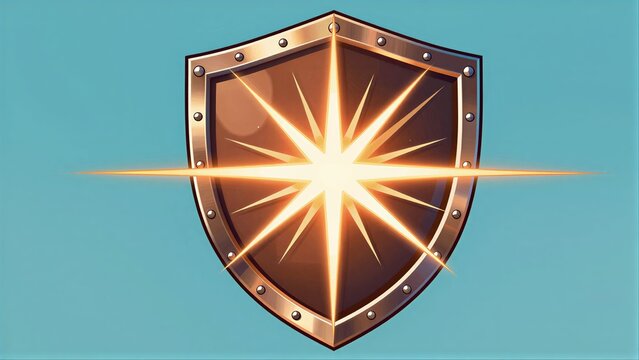 Golden shield radiates bright energy, symbolizing protection and power.