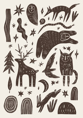 Fototapeta premium Weirdcore cottagecore mystical linocut forest animal clipart set featuring stag deer, bear, wolf, running hare rabbit, spirit creatures, owl, flying bird, snake, pine tree, crescent moon, and magic st