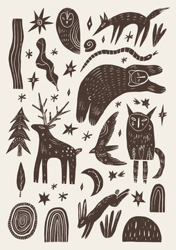 Weirdcore cottagecore mystical linocut forest animal clipart set featuring stag deer, bear, wolf, running hare rabbit, spirit creatures, owl, flying bird, snake, pine tree, crescent moon, and magic st