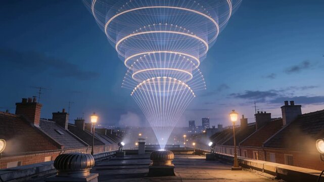 Forming from faint rings arising ringed light vortex descending to roof flood lights lighting smoke