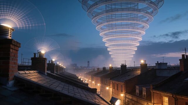 Glowing stacked rings spiral pulsing lower over row houses at dusk, left chimney vent causing light