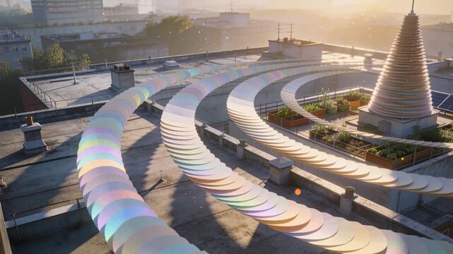 Shimmering plates and stacked cone with planters catching moving sun in pan on rooftop with flares