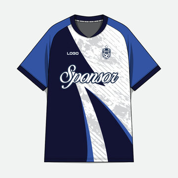 Blue and white athletic jersey with sponsor logo.