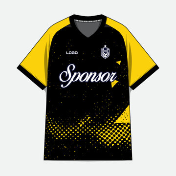 Black and yellow soccer jersey with sponsor graphics.