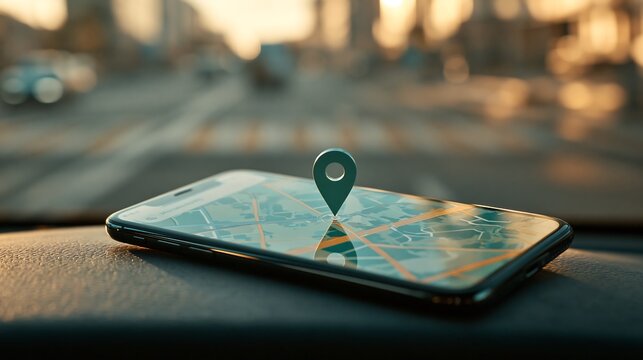 Modern smartphone displaying digital gps map with navigation pin on car dashboard