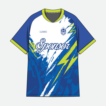 Blue white soccer jersey with lightning graphics and neon trim.