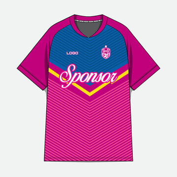 Magenta and blue soccer jersey with sponsor chevron design.
