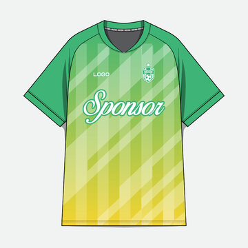 Green and yellow soccer jersey with sponsor.