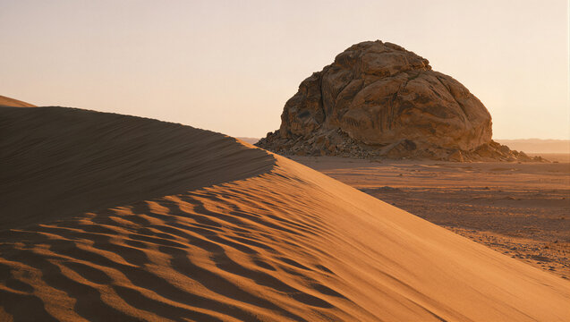 Desert landscape at golden hour with a large sand dune in the foreground and a solitary butte rising from the flat arid plain behind, distant mountains on the hazy horizon
