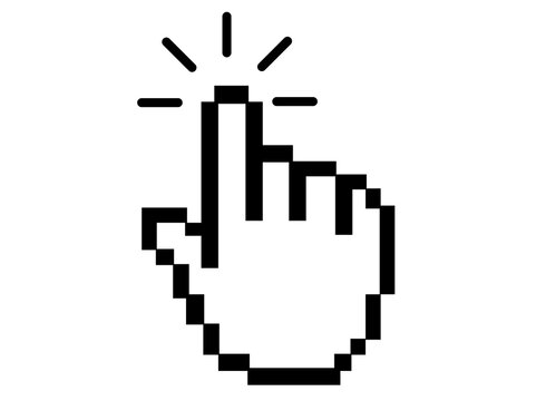 Pixelated hand pointer finger clicking with sparkle flash effect icon design element