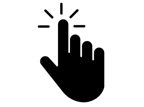 Solid black hand pointer finger clicking with sparkle flash effect icon design element