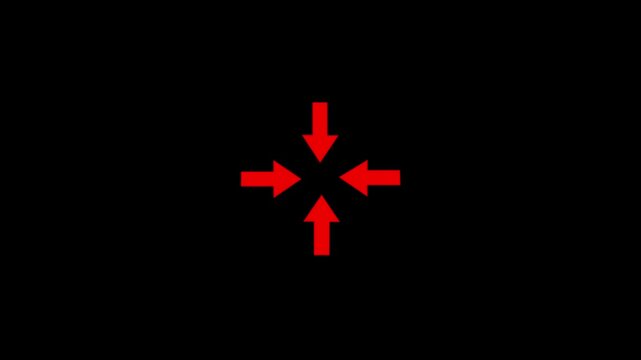 Solid red four way inward arrows icon for focus target, minimize screen, center alignment, convergence point, compress sign 4k animation.