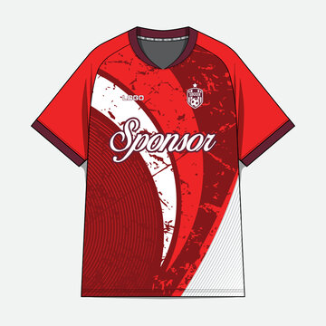 Red soccer jersey with abstract curved graphic.