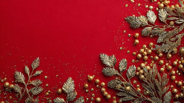Elegant gold fir branches and decorative beads adorn a vibrant red surface, creating a festive holiday concept for seasonal celebrations and elegant designs