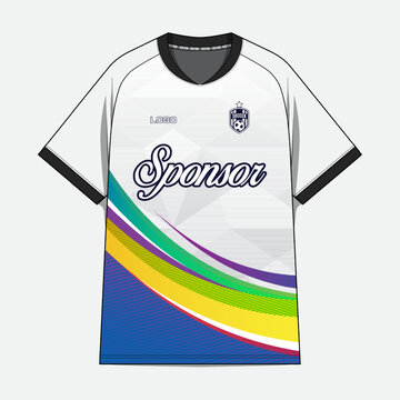 White soccer jersey with colorful curved stripes and sponsor text.