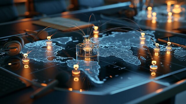 Futuristic global map glowing with fiber optic data streams in a dark control room