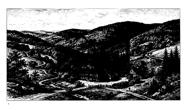 Farm house Schwarzwald Black Forest Germany vintage 1908 engraving style vector illustration