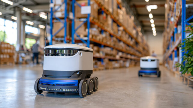 Two compact autonomous delivery robots moving side by side through a spacious warehouse aisle, enclosed white cargo compartments on low wheeled platforms, perfectly aligned inventory shelves, polish