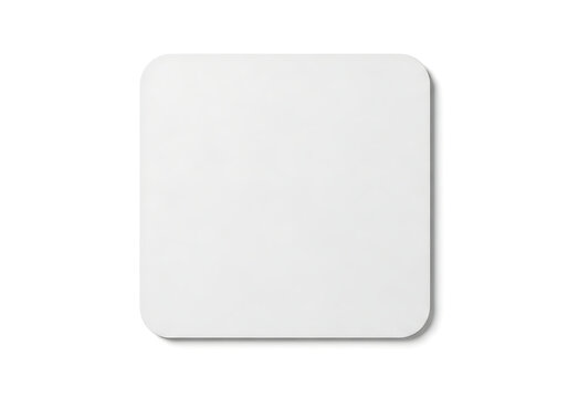 Blank white square cardboard coaster mockup with rounded corners on white background, paper isolated on a transparent background
