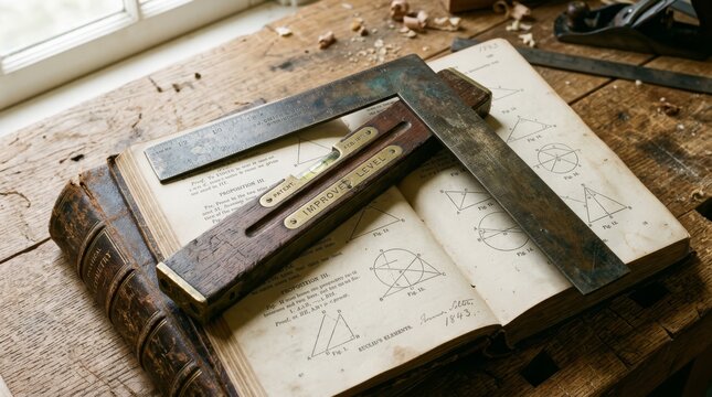 Close-up of vintage carpentry measuring tools including a wooden spirit level and metal square resting on an open antique geometry textbook from 1843 on a rustic woodworker's workbench with shavings.