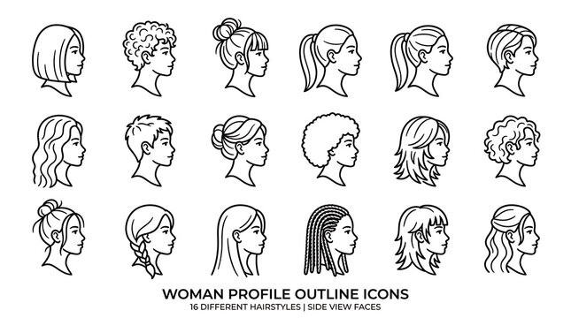 Set of diverse female profile outline icons with various hairstyles