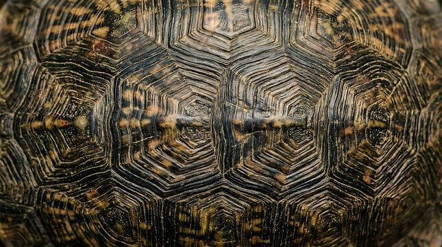 Detailed close up texture of a turtle shell with geometric patterns