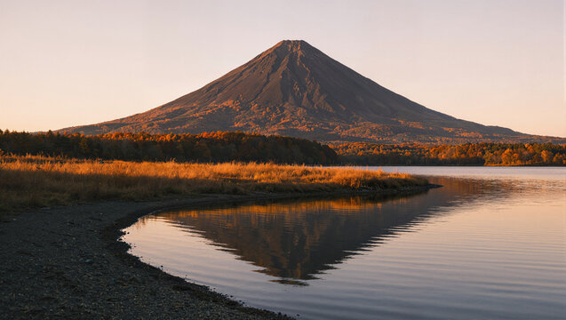 Mountain with dark green and brown vegetated lower slopes reflected in a calm mirror-like lake, tall golden-brown grasses swaying along the shoreline and autumn-hued forest beyond