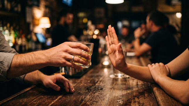 Extreme close-up of two friends hands at a bar counter as one offers an alcoholic drink while the other refuses with an open palm gesture, symbolizing responsible drinking, peer pressure, and personal