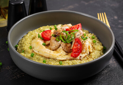 Healthy Protein Breakfast with Millet, Pesto and Mushrooms
