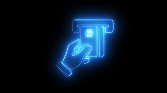 Glowing blue neon hand inserting credit card into ATM machine icon for banking payment, automated teller machine, card withdrawal, financial transaction