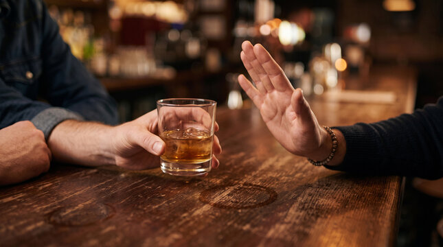 Extreme close-up of two friends hands at a bar counter as one offers an alcoholic drink while the other refuses with an open palm gesture, symbolizing responsible drinking, peer pressure, and personal