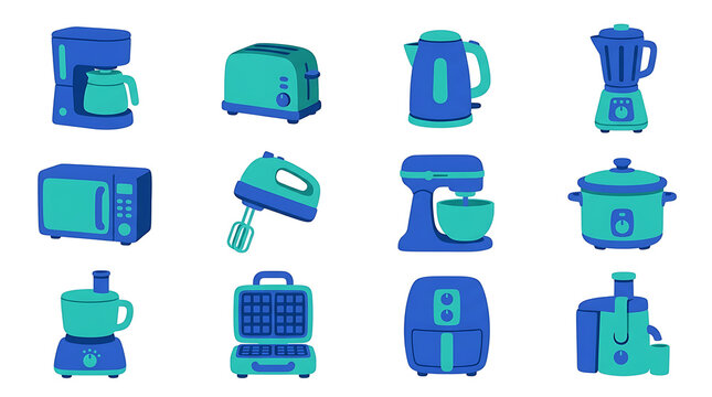 Kitchen appliance vector icon set performing cooking and food preparation with transparent background