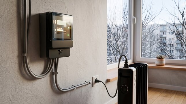 Electricity meter mounted on textured wall beside connected portable radiator, power cable and snowy urban view indoors. Concept of expensive electricity, rising home heating costs during autumn