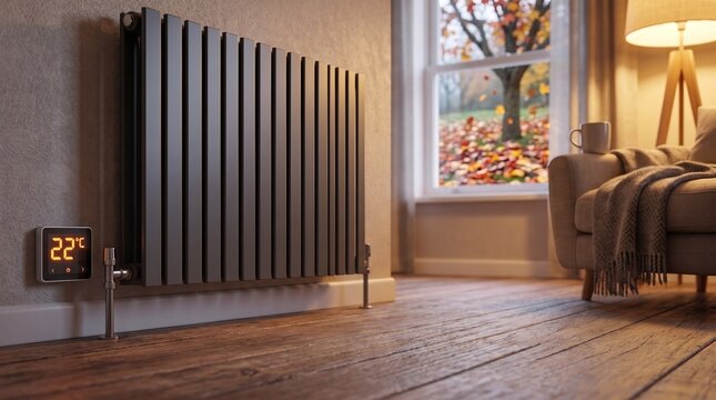Black wall radiator beside digital 22 c display in cozy living room with autumn window. Concept of expensive electricity, rising home heating costs during autumn